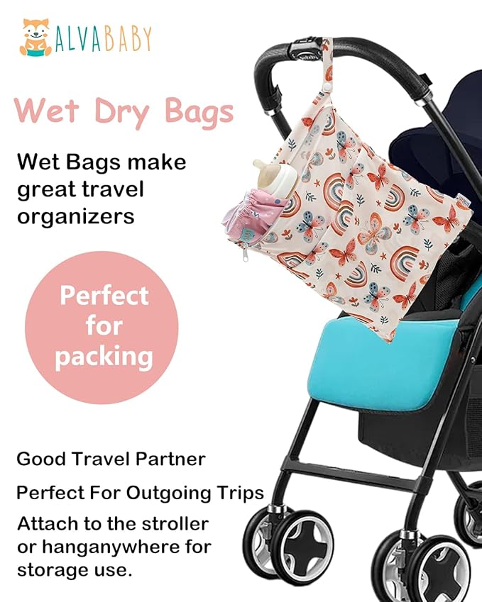 ALVABABY 2 pcs Cloth Diaper Wet Dry Bags Waterproof Reusable with Two Zippered Pockets Travel Beach Pool Daycare Soiled Baby Items Yoga Gym Bag for Swimsuits or Wet Clothes 2LM26
