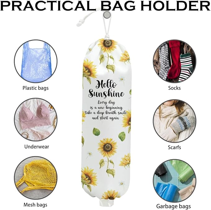 Sunflower Plastic Bag Holder for Kitchen Essentials, Wall Mount Grocery Bag Holder for Plastic Bags, Sunflower Reusable Grocery Bags Storage Dispenser for Home Kitchen Pantry, Hello Sunshine