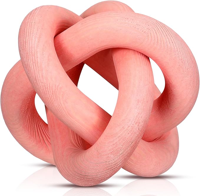 3 Link Wood Knot Decor - Hand Carved Coffee Table Decoration, Boho Chain Link Decor, Modern Shelf, Rustic Objects for Home Living Room Bedroom(Pea-Pink)