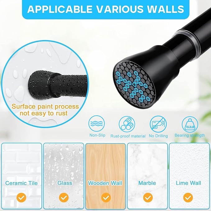 Black Small Tension Curtain Rod 16 to 26 Inch, 7/8" Inch Adjustable Short Curtain Rod No Drilling, Spring Curtain Rod for Windows Kitchen Closet Doorway