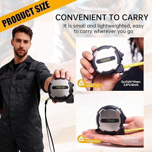 16FT Tape Measure, Small Retractable Measuring Tape, Mini Tape Measure with Metric/Inch, Dual Sided, Magnetic Hooks, Rubber + Stainless Steel Case, for Home, Construction & DIY (16ft)