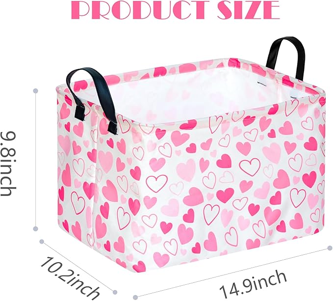 MAIZMZ Girls Gift Basket Heart Print Storage Cube for Women, Closet Shelf Organizer Bins Empty Gift Basket with Handles Nursery hamper Kids Toys Books Box Room Decor