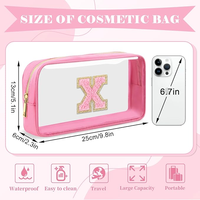 Personalized Initial Letter Clear Makeup Bag, Preppy Small Nylon&PVC Cosmetic Zipper Bag with Chenille Letter, Portable Beach Travel Skincare Toiletry Bag, Trendy Monogram Gift for Teen Girls Women, X