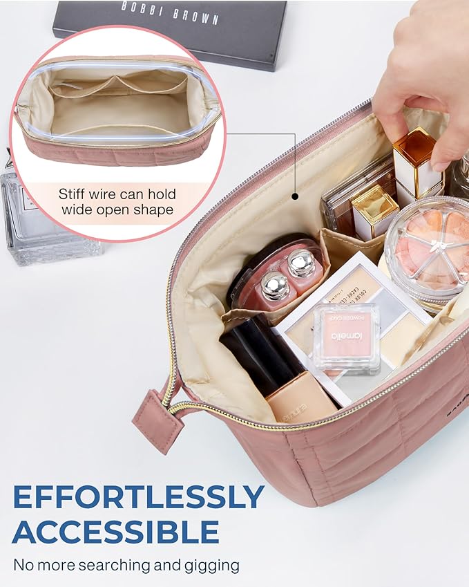 BAGSMART Makeup Bag Travel Toiletry Bag, Puffy Padded Makeup Bags for Women Makeup Organizer Case, Wide-open Pouch Purse Travel Essentials Toiletries Accessories Brushes, Dark Pink