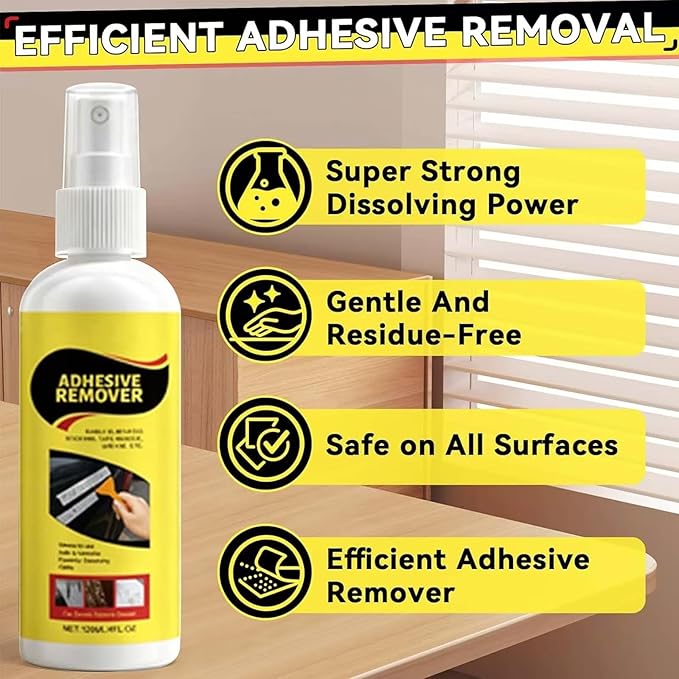 Adhesive Remover, Sticker Remover Spray with Plastic Scraper and Cleaning Cloth, Removes sticker residue, tape marks, and glue buildup, for Glass, Metal, Plastic, Wood and Hard Surfaces