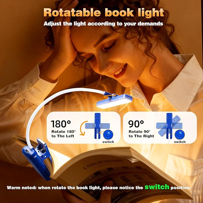 VAVOFO Rechargeable Book Light Rotatable：24 LEDs Reading Light, 3-Color & 9-Brightness Book Lamp, Eye Cared 120Hrs Runtime Lightweight Clip on Led Light for Book Lovers (Royal Blue)