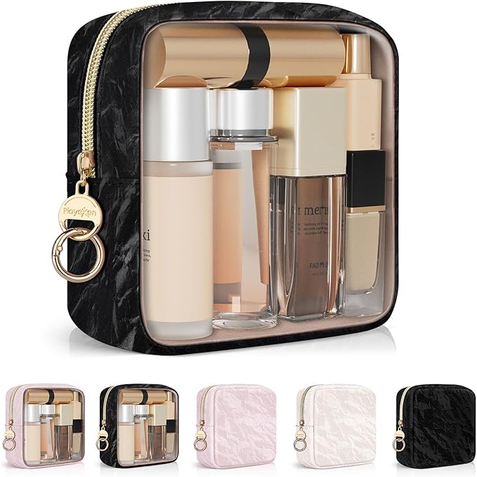 4.9" Clear Small Makeup Bag, Mini Marble Cosmetic Bag for Purse, Portable Small Travel Makeup Pouch for Women, Birthday/Wedding/Christmas Gifts (Black)