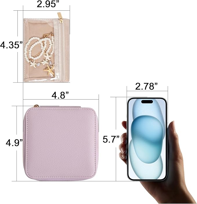 Frebeauty Small Travel Jewelry Box,Travel Jewelry Case with 6 Pouch Bags,Portable Travel Jewelry Organizer,Mini Jewelry Storage,3.35 x 4.9 x 4.8 Inches,Gift Idea for Women Girls (Purple)