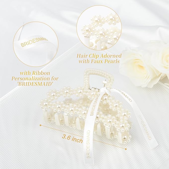 DEEKA Bridesmaid Proposal Gifts 8 Pack Pearl Bridesmaid Hair Claw Clips with Ribbon 3.7 Inch Large Hair Clips Bachelorette Party Favors Bridal Party Present Hair Accessories (Half Circle L)