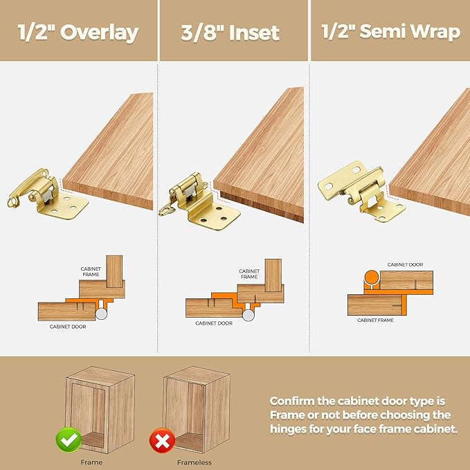2 Pack 1 Pair Gold Cabinet Hinges - 1/2 inch Overlay Kitchen Cabinet Hinges, Semi-Concealed Hinges, Self Closing Cabinet Door Hinges with Door Bumper, Gold Face Mount Cabinet Hardware