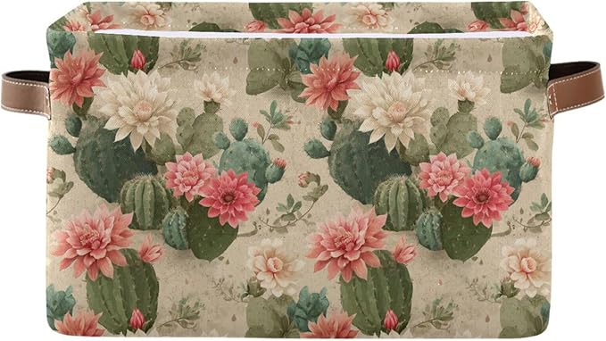 Aslsiy Storage Basket Cute Cactus Print Pattern Nursery Bins Baby Box Canvas Clothes Shelf Basket Laundry Hamper Gift Baskets for Home Closet 1 Pcs