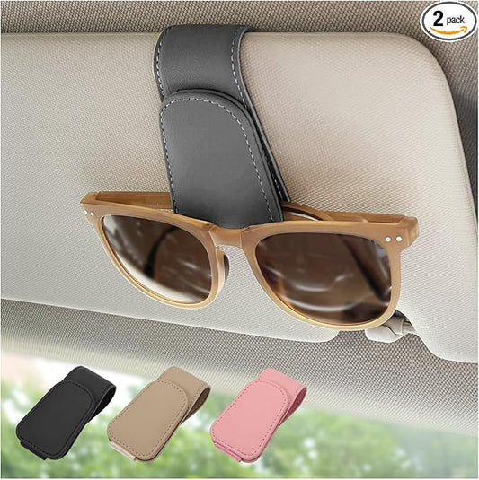 2 Pack Magnetic Leather Sunglass Holder, Eyeglass Hanger Clip for Car Sun Visor, Suitable for Different Size Eyeglasses(Gray, 2 Pack)