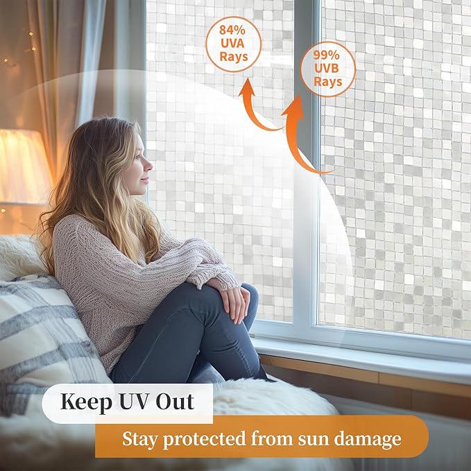 Window Privacy Film Frosted Glass Window Film Decorative, Removable Static Cling Heat Blocking Sun Blocker Front Door Window Covering for Bathroom Home Office (Mosaic, 35.4" x 78.7")