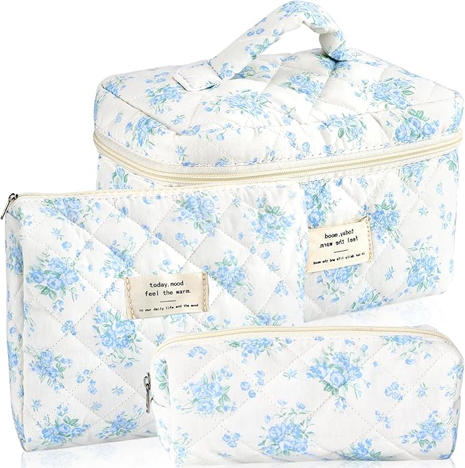 3Pcs Cotton Quilted Makeup Bag for Women Girls Large Small Travel Floral Cosmetic Bags Set Cute Coquette Zipper Makeup Pouch for Purse Aesthetic Cloth Flower Storage Toiletry Bag Organizer