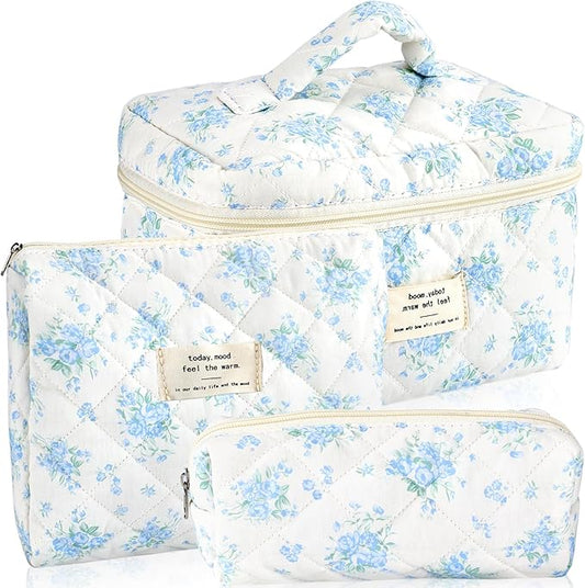 3Pcs Cotton Quilted Makeup Bag for Women Girls Large Small Travel Floral Cosmetic Bags Set Cute Coquette Zipper Makeup Pouch for Purse Aesthetic Cloth Flower Storage Toiletry Bag Organizer