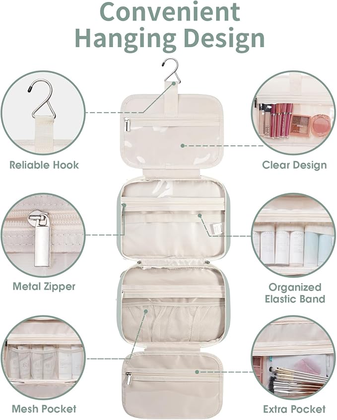 Narwey Travel Toiletry Bag for Women Large Hanging Makeup Bag Organizer Toiletries Bag for Full Size Essentials Accessories Cosmetics (Mint Green (Large))