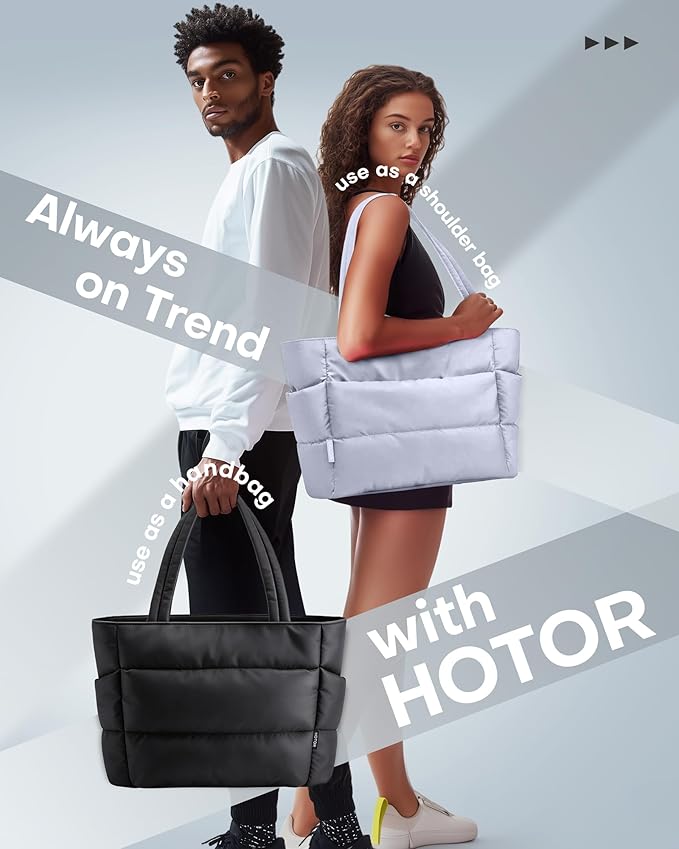 HOTOR Puffer Tote Bag for Women, Nurses - Multi-Pocket Lightweight Bag for Work - Quilted Handbag for Travel and Gym