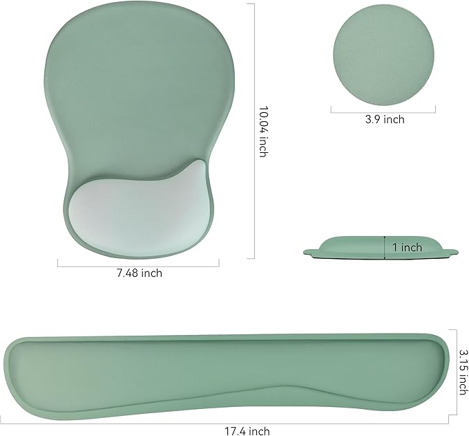 WINTOJO Wrist Rest Support for Mouse Pad Keyboard Set, Circle Coaster, Gaming Mouse Pad, Ergonomic Gel Memory Foam Set for Computer, Laptop, Office, Pain Relief, Comfortably Typing, Pure Green, KM-34