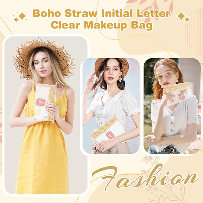 Small Boho Straw Initial Letter Makeup Bag Personalized Gift ,Cute Clear Chenille Patch Makeup Bag With Zipper,Trendy TSA Approved Travel Toiletry Bag,Gift for Women Girls Birthday Friend, Letter O
