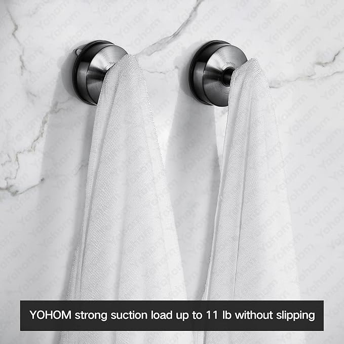 YOHOM Suction Cup Hooks Shower Towel Holder Stainless Steel Vacuum Bathroom Shower Hook Suction Towel Rack Kitchen Organizer for Bathrobe Loofah Washcloth Brushed Black 4 Pcs