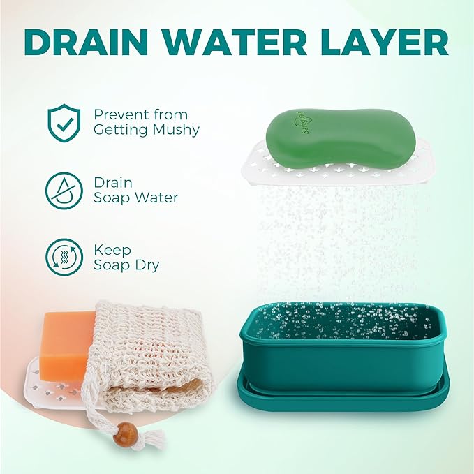 Silicone Travel Soap Container，Enhanced Leak-Proof Travel Soap Case with Draining Layer，Portable Bar Soap Holder, Soap Box with Soap Bag, Soap Dishes for Bathroom/Camping/Gym (Green)