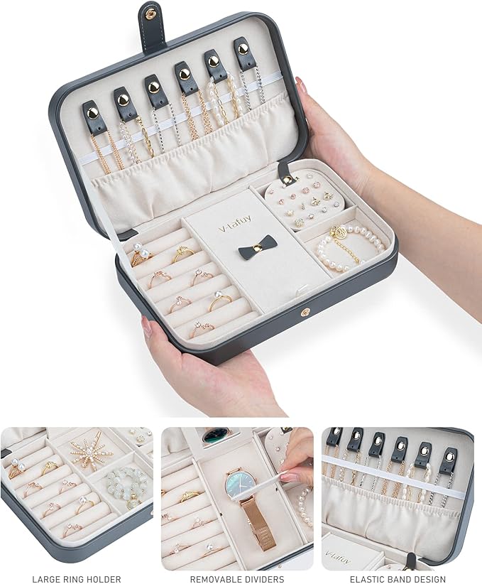 Travel Jewelry Box for Women Travel Jewelry Box Organizer, 2 Tier Portable Small Jewelry Organizer for Earrings Rings Necklaces Watch Bracelets, Grey B