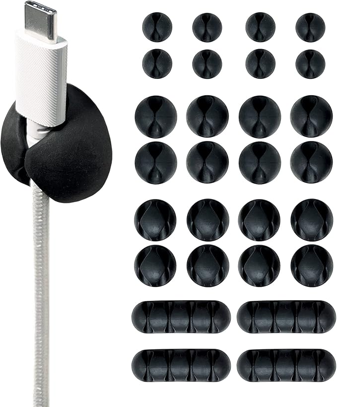 Wrap-It Storage Cable Clips - (Assorted 28-Pack) Black - Desk and Nightstand Cable Holder for Phone and Bedside Table Cord Organizer