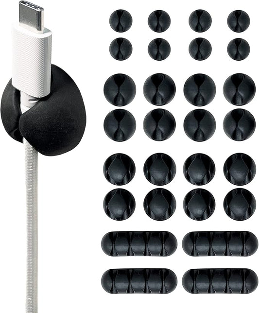 Wrap-It Storage Cable Clips - (Assorted 28-Pack) Black - Desk and Nightstand Cable Holder for Phone and Bedside Table Cord Organizer