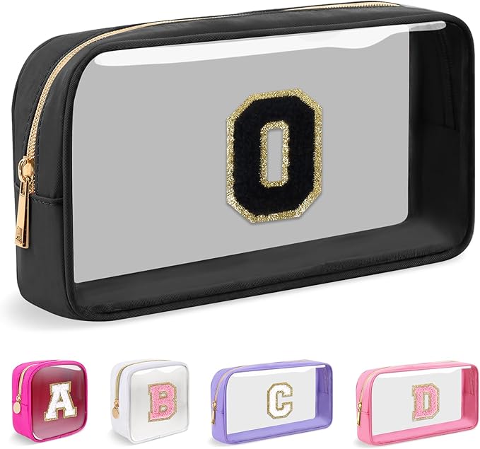 Small Clear Personalized Initial Makeup Bag, Preppy Nylon A-Z Chenille Letter Patch Makeup Organizer TSA Approved Travel Toiletry Bag,Waterproof Zip Beach Cosmetic Pouch Purse for Women(Black-Black O)