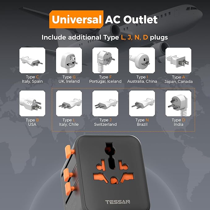 TESSAN Universal Travel Adapter 28W, International Power Adapter with 5 USB Ports (3 USB C), Travel Plug Adapter Worldwide for US to Europe UK France Germany Spain Australia (Type C G A I), Black
