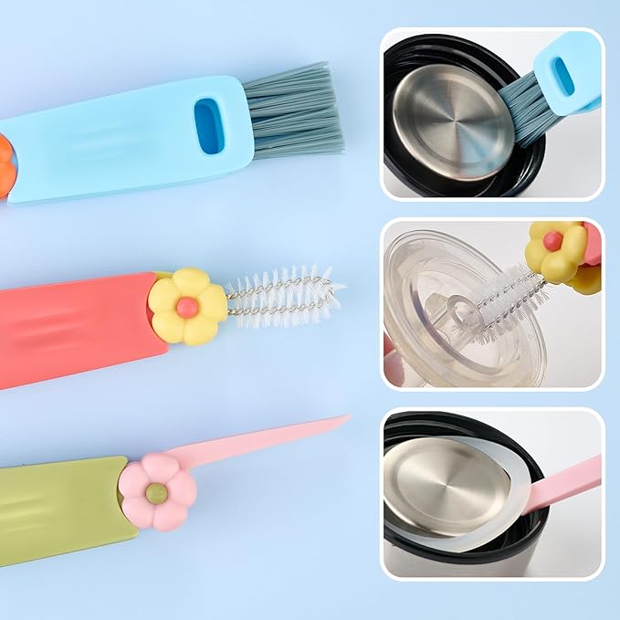 Generic 3 in 1 Cup Lid Cleaning Brush, Multi-Functional, Portable, Blue+pink, Plastic, Nylon Bristles, 2 Pack