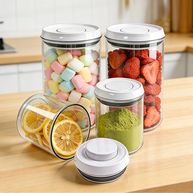 Airtight Pop-Top Food Storage Container Sets with Lids, 4-Piece Round Pop Containers for Kitchen Pantry Organization, BPA-Free Stackable Kitchen Storage Containers for Cereal, Flour, Sugar (0.6, 1.7qt)*2