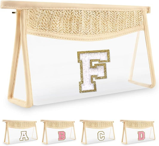 Personalized Initial Letter Bag Boho Straw Clear Makeup Bag, Small Cute Chenille Varsity Letter Bag with Zipper, Beach Travel Toiletry Bag, Portable Monogrammed Cosmetic Bag for Women Girls, F