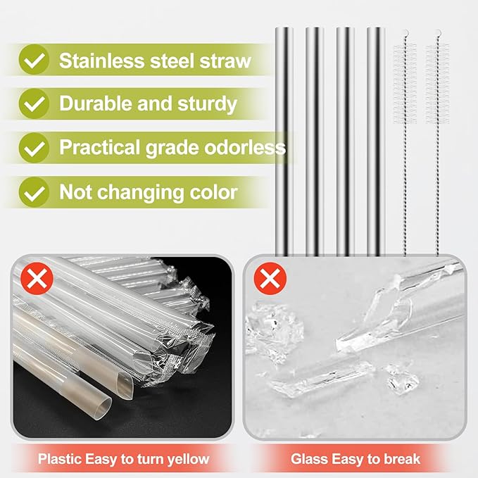 Metal Straw Replacement Compatible With Owala Kids Tumbler Cup 12oz & 15oz, Stainless Steel Straws for Owala Kids Water Bottle Accessories, With 2 Straw Cleaner, Reusable - 4Pcs