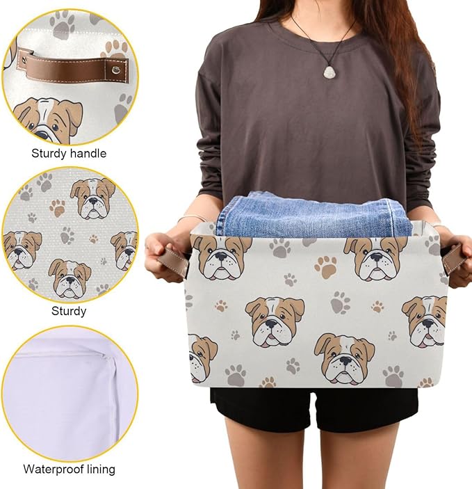 Aslsiy Storage Basket Dog Paws Nursery Bins English Bulldog Baby Box Canvas Clothes Shelf Basket Laundry Hamper Gift Basket for Home Closet 1 Pcs