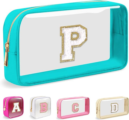 Small Clear Personalized Initial Makeup Bag, Preppy Nylon A-Z Chenille Letter Patch Makeup Organizer TSA Approved Travel Toiletry Bag,Waterproof Zip Beach Cosmetic Pouch Purse for Women(Cyan-White P)