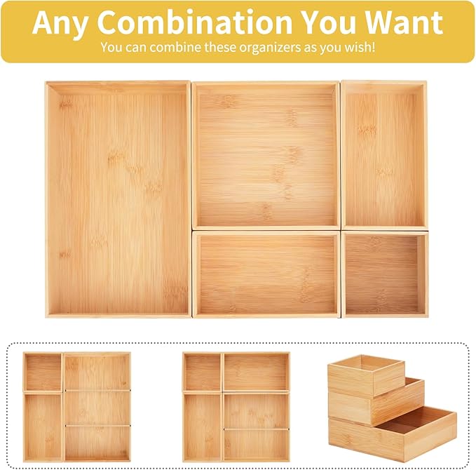5PCS Bamboo Drawer Organizer with Adjustable Wood 2 Drawer Dividers, Stackable Makeup Desk Junk Storage Boxes Container Trays with 7 Grid for Kitchen Utensils,Bathroom, Office