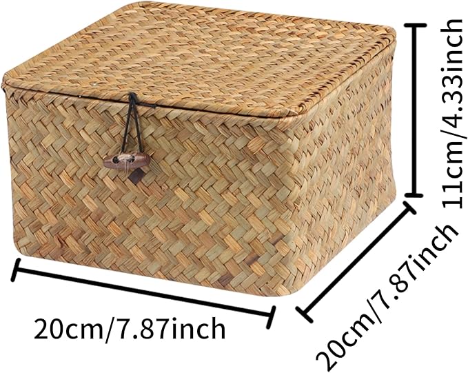 Wicker Shelf Baskets with Lid, Handwoven Seagrass Storage Basket Bins Square Gift Boxes for Shelves Home Decor Organizer (Natural, Small)