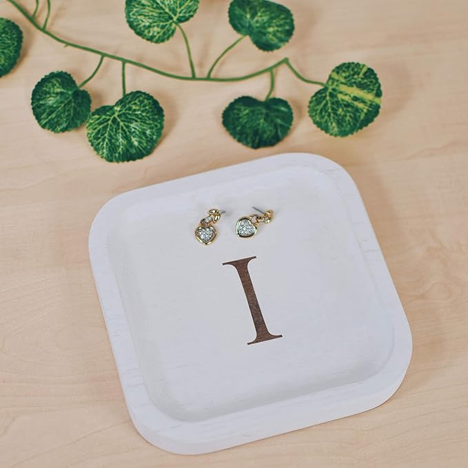 Wooden Personalized Letter Catchall Valet Tray Trinket Dish Jewelry Tray Key Bowl Decorative Plate Organizing Ring Earrings Necklaces Bracelet Watch Coins Wallet Holder (6"x6" Sq White "I")