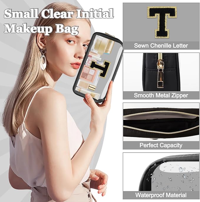 Small Clear Personalized Initial Makeup Bag, Preppy Nylon A-Z Chenille Letter Patch Makeup Organizer TSA Approved Travel Toiletry Bag,Waterproof Zip Beach Cosmetic Pouch Purse for Women(Black-Black T)