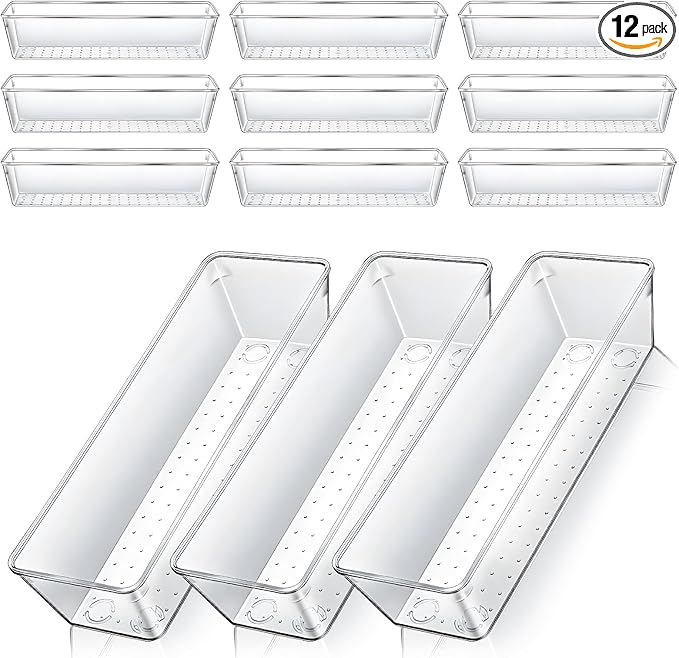 12 PCS Drawer Organizers Clear Plastic Vanity Drawer Dividers Kitchen Silverware Utensil Storage Desk Storage Tray for Bathroom Bedroom Office Makeup Jewelry 9 x 3 x 2 Inches