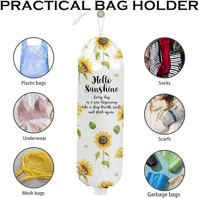 2Pcs Sunflower Plastic Bag Holder for Kitchen Essentials, Wall Mount Grocery Bag Holder for Plastic Bags, Summer Sunflower Reusable Grocery Bags Storage Dispenser for Home Kitchen Pantry Farmhouse