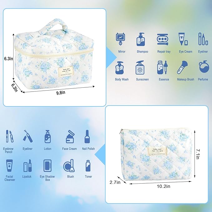 2Pcs Cotton Quilted Makeup Bag for Women Girls Large Small Travel Floral Cosmetic Bags Set Cute Coquette Zipper Makeup Pouch for Purse Aesthetic Cloth Flower Storage Toiletry Bag Organizer