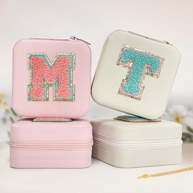 SANDJEST Personalized Jewelry Box, Pink Travel Jewelry Box with Initial M, Small Monogrammed Jewelry Case Organizer for Girls Women Teen Kids, Mini Travel Essentials Gifts for Birthday Christmas