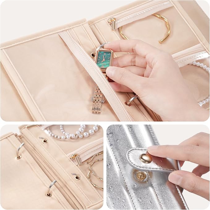 Lolalet Travel Jewelry Organizer Case, Portable Jewelry Storage Book Portfolio Binder with Zipper Velvet Pouch and Built-in Mirror for Women -Silver