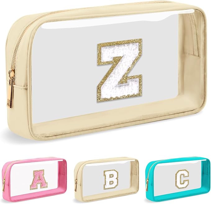 Personalized Initial Letter Clear Makeup Bag, Preppy Small Nylon & PVC Cosmetic Zipper Bag with Chenille Letter, Portable Beach Travel Skincare Toiletry Bag, Trendy Monogram Gift for Teen Girls Women, Z