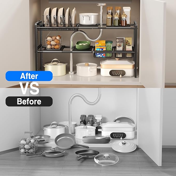 Pots and Pans Organizer Under Cabinet, Expandable 2-Tier Under Sink Organizers Storage Adjustable Height Kitchen Pot and Pan Lid Holder Rack with 6 Dividers (4 Panels, 2 Baskets, 1 Pot Rack, Black)