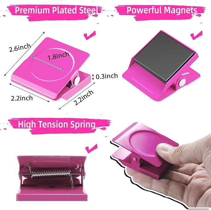 Grtard Strong Magnetic Clips, 2.2 Inch Extra Large Magnetic Clips Heavy Duty, 2Pack Magnet Clip for Fridge, Clip Magnets for Refrigerator, Whiteboard, Classroom, Kitchen, Office Organizer (Pink)