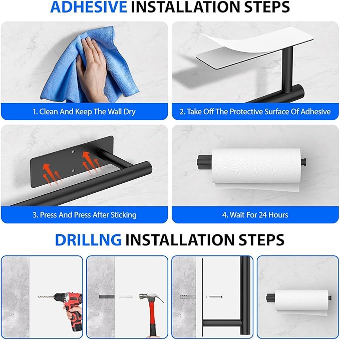 Paper Towel Holder Under Cabinet, Self-Adhesive,No Drilling, Stainless Steel, Wall-Mounted for Kitchen and Bathroom, Easy Install, Durable, Space-Saving, Ideal for Home, RV (Black, 2 Pack)