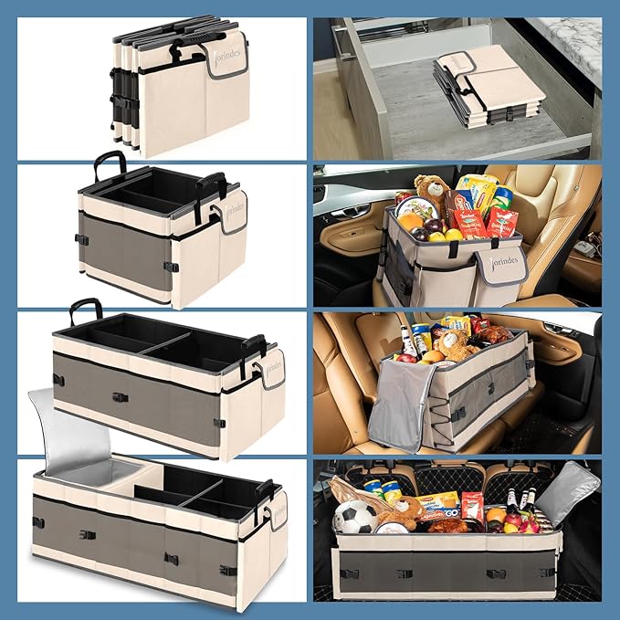 Trunk Organizer with Built-in Insulated Leak-Proof Cooler Bag, Collapsible Cargo Organizer for SUV with Non-Slip Bottom Strips, 3 Large Compartments Foldable Waterproof Portable Car Storage Box